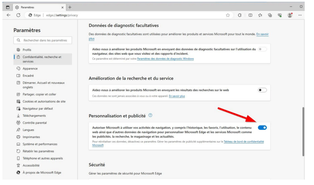 Edge : désactiver la personnalisation et la publicité
