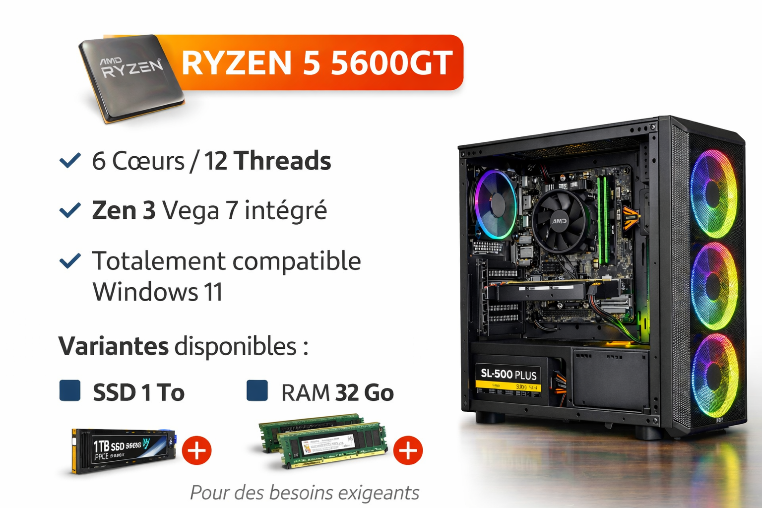 PC Performance Bureau & Multimédia – Ryzen 5 5600GT • 16 Go • SSD 256 Go