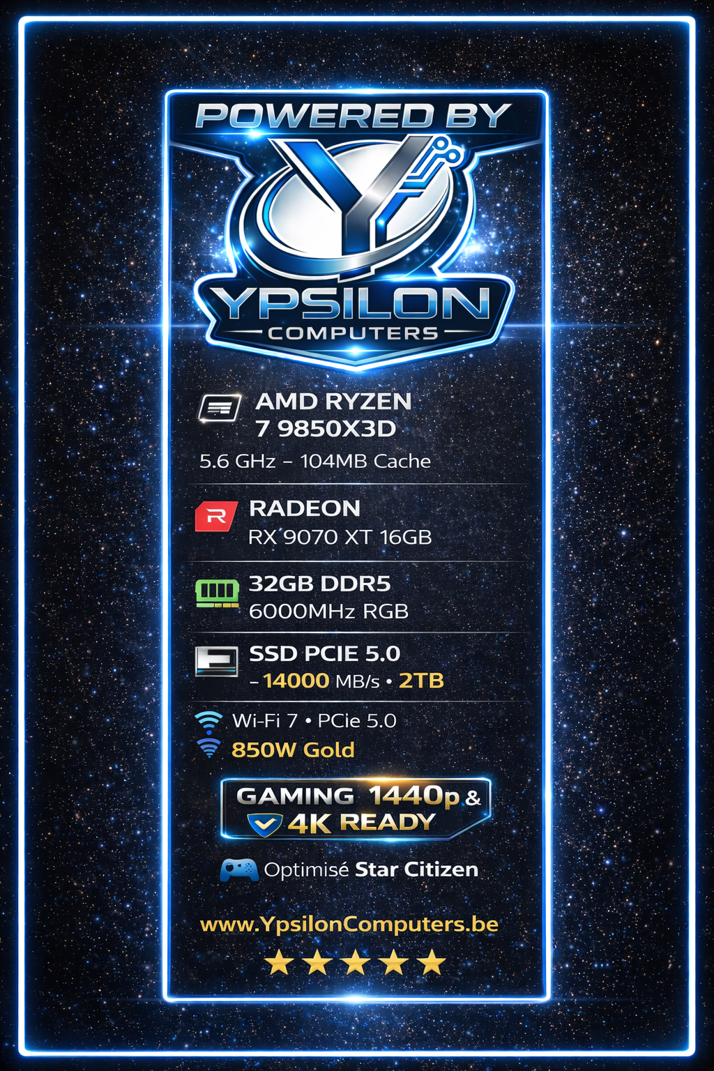 PC Gaming Ultra – Ryzen 7 9850X3D • RX 9070 XT 16GB • 32GB DDR5 • 2TB NVMe • X870E