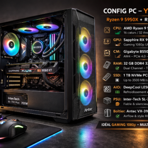 PC Gaming & Production – Ryzen 9 5950X • RX 9060 XT • 32 Go DDR4 • SSD 1 To NVMe
