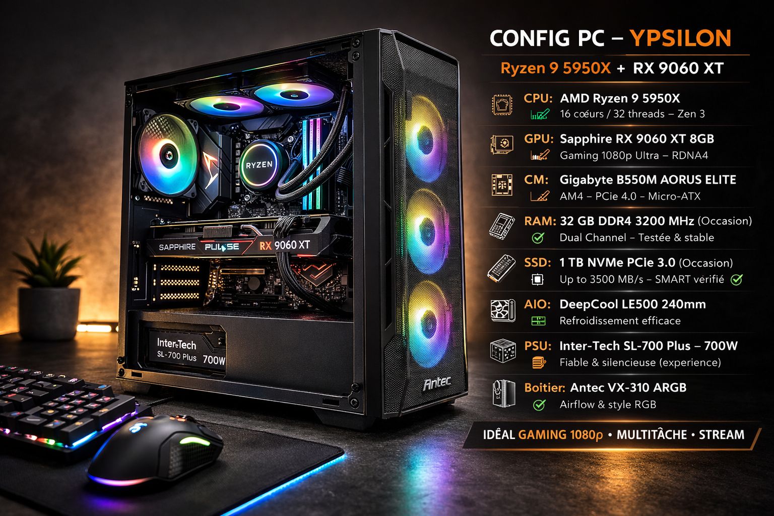 PC Gaming & Production – Ryzen 9 5950X • RX 9060 XT • 32 Go DDR4 • SSD 1 To NVMe