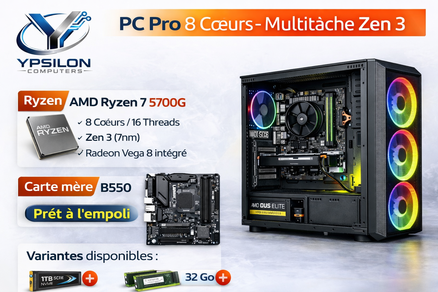 PC Pro 8 Cœurs Zen 3 – Ryzen 7 5700G • 16 Go • SSD 256 Go
