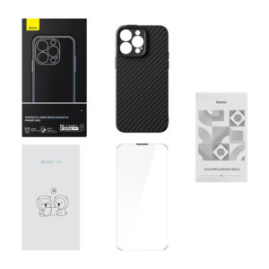 Coque Magnétique Baseus Série Fibre Synthétique pour iPhone 14 Pro (noir) + verre trempé + kit de nettoyage - Ypsilon Computers