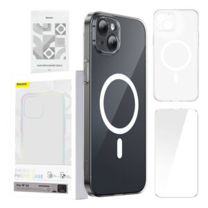 Coque de téléphone Baseus Magnetic Crystal Clear pour iPhone 13 (transparent) avec protection d'écran en verre trempé intégral et kit de nettoyage