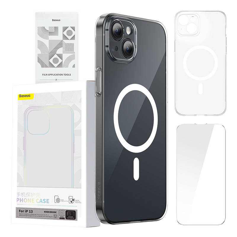 Coque de téléphone Baseus Magnetic Crystal Clear pour iPhone 13 (transparent) avec protection d'écran en verre trempé intégral et kit de nettoyage - Ypsilon Computers