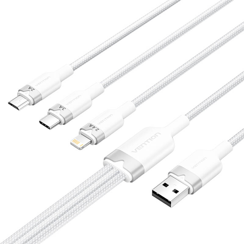 Câble USB 2.0 A vers 3 en 1 3A Vention CTPWG 1.5M (blanc) - Ypsilon Computers