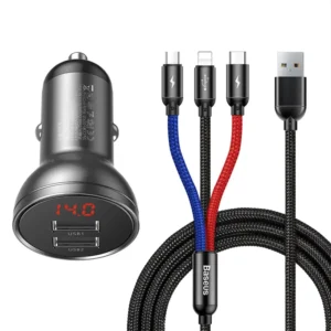 Chargeur de voiture Baseus avec affichage 24W + Câble USB 3en1 Baseus Trois Couleurs Primaires 1,2m