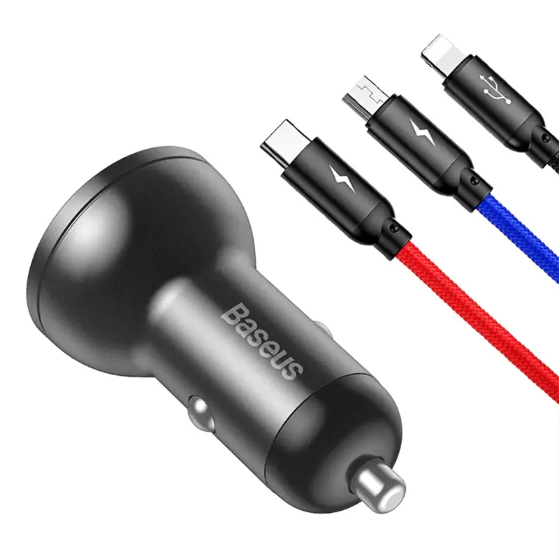 Chargeur de voiture Baseus avec affichage 24W + Câble USB 3en1 Baseus Trois Couleurs Primaires 1,2m - Ypsilon Computers