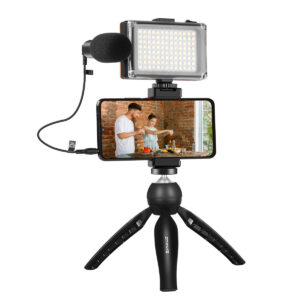 Trépied d'enregistrement en direct Puluz + lumière LED + microphone + clip pour téléphone PKT3132B - Ypsilon Computers