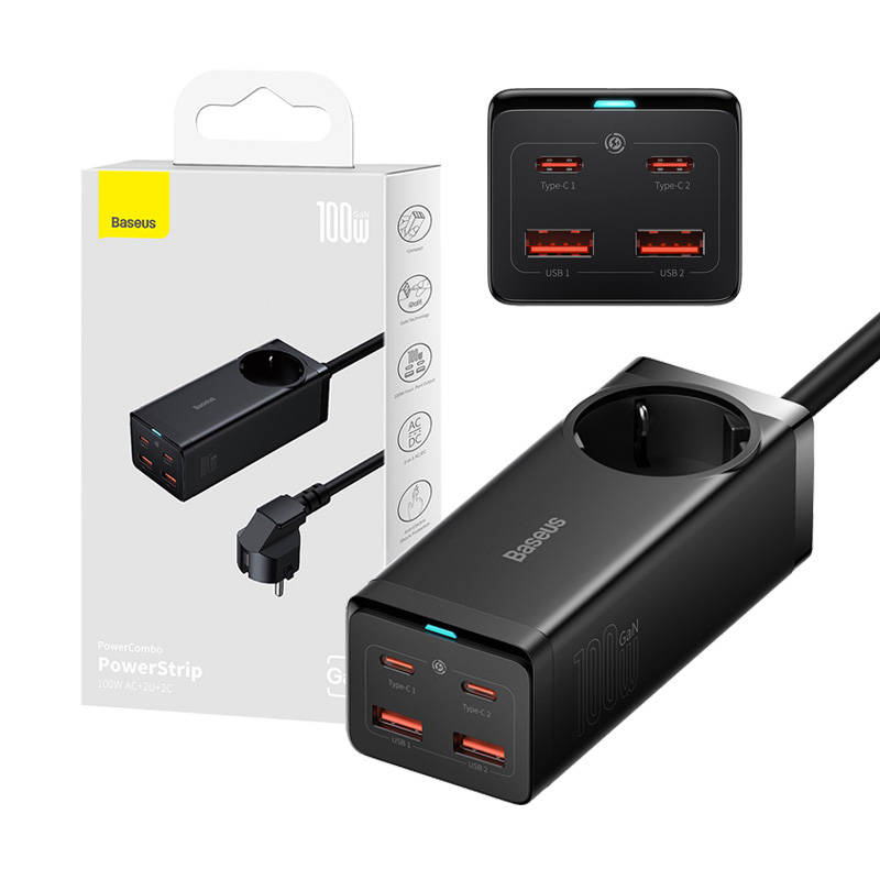 Chargeur mural Baseus GaN3 Pro / multiprise 2xUSB + 2xUSB-C + AC, 100W (noir) - Ypsilon Computers