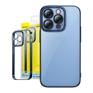Coque Transparente Pailletée et Ensemble de Verre Trempé Baseus pour iPhone 14 Pro (bleu)