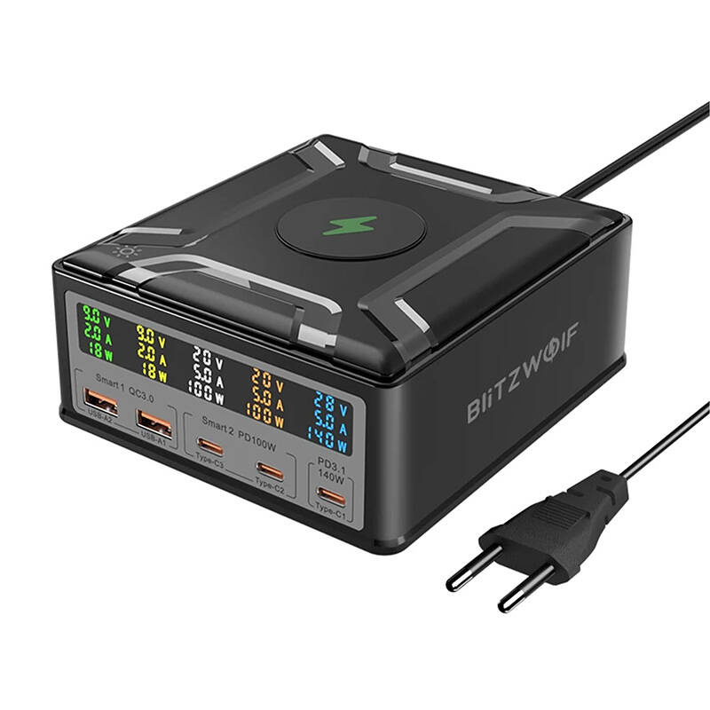 Blitzwolf BW-S28 260W, 2xUSB-A, 3xUSB-C, chargeur sans fil 15W (noir) - Ypsilon Computers