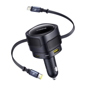 Chargeur de voiture Baseus Enjoyment Max avec câbles USB-C+Lightning et ports USB-A+USB-C 90W Noir