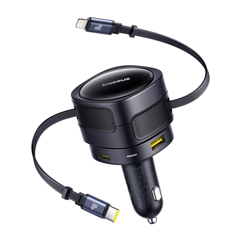 Chargeur de voiture Baseus Enjoyment Max avec câbles USB-C+Lightning et ports USB-A+USB-C 90W Noir - Ypsilon Computers