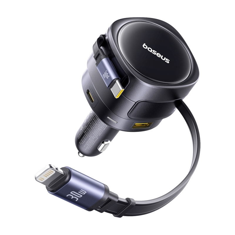Chargeur de voiture Baseus Enjoyment Max avec câbles USB-C+Lightning et ports USB-A+USB-C 90W Noir - Ypsilon Computers