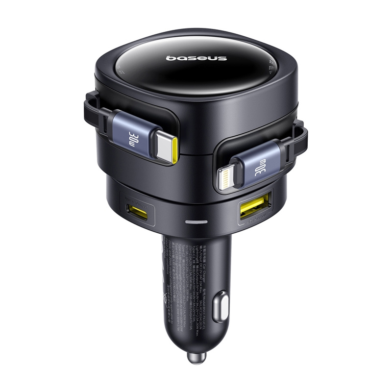 Chargeur de voiture Baseus Enjoyment Max avec câbles USB-C+Lightning et ports USB-A+USB-C 90W Noir - Ypsilon Computers