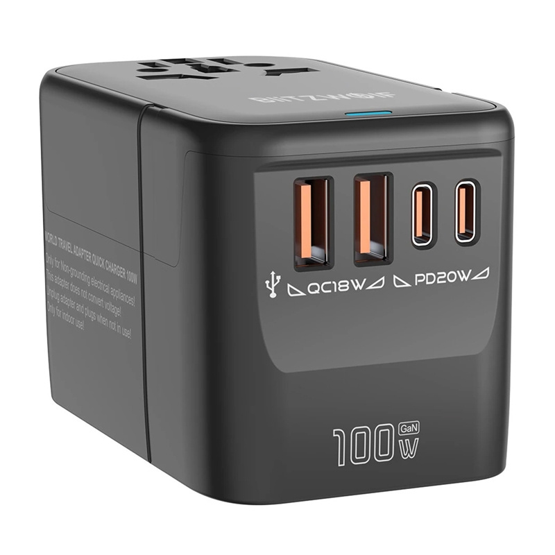 Blitzwolf BW-TA2 Adaptateur de Voyage 5-en-1 2xUSB PD + 2xC QC + C GaN 100W - Ypsilon Computers