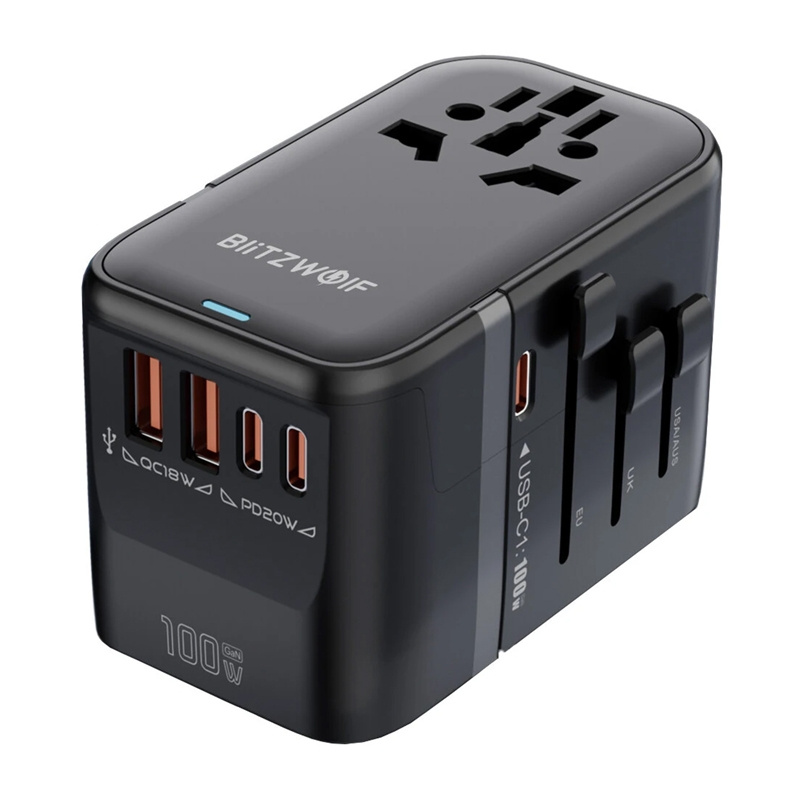 Blitzwolf BW-TA2 Adaptateur de Voyage 5-en-1 2xUSB PD + 2xC QC + C GaN 100W - Ypsilon Computers