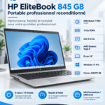 PC PORTABLE RECONDITIONNÉ HP ELITEBOOK 845 G8 – RYZEN 7 PRO 5850U – 16 GO RAM – SSD 512 GO – 14&Prime; – WINDOWS 11 PRO
