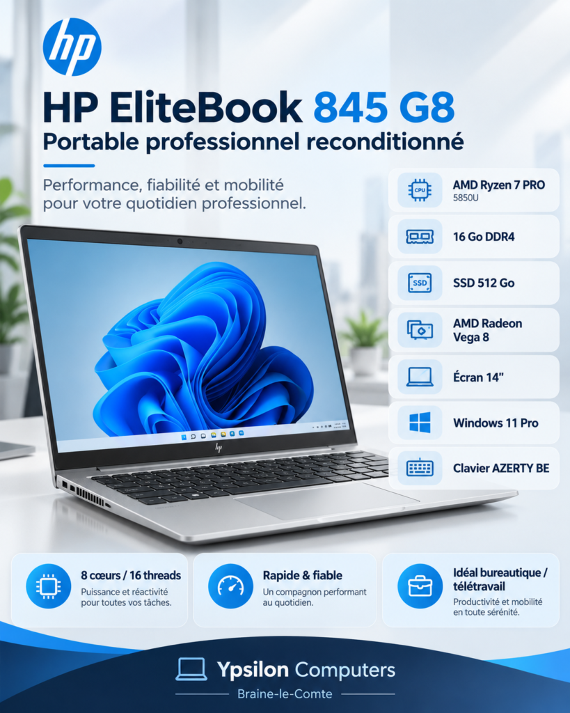 PC PORTABLE RECONDITIONNÉ HP ELITEBOOK 845 G8 – RYZEN 7 PRO 5850U – 16 GO RAM – SSD 512 GO – 14&Prime; – WINDOWS 11 PRO