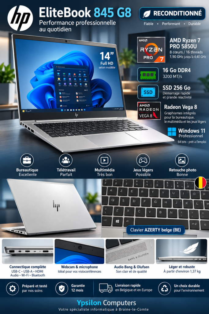 PC PORTABLE RECONDITIONNÉ HP ELITEBOOK 845 G8 – RYZEN 7 PRO 5850U – 16 GO RAM – SSD 256 GO – 14&Prime; – WINDOWS 11 PRO
