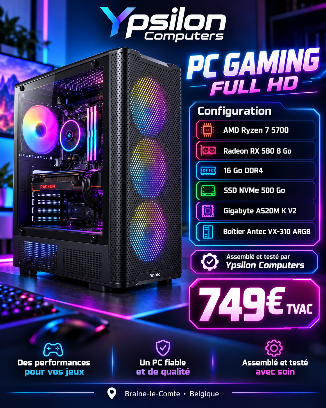 PC GAMING FULL HD – AMD RYZEN 7 5700 • RX 580 8 GO • 16 GO DDR4 • SSD NVMe 500 GO • ARGB - Ypsilon Computers