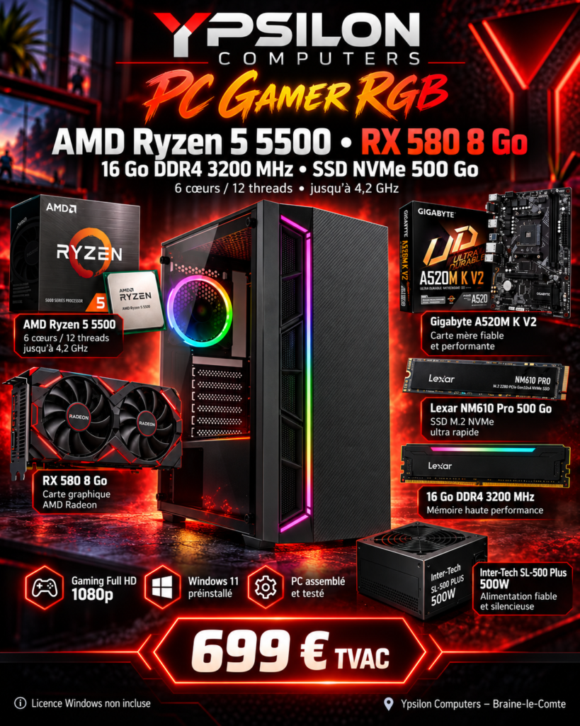 PC Gamer – AMD Ryzen 5 5500 (6 Cœurs / 12 Threads, jusqu&rsquo;à 4,2 GHz) | RX 580 8 Go | 16 Go DDR4 3200 MHz | SSD NVMe 500 Go | Win 11